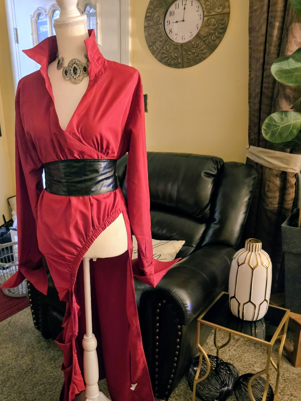 Red Women’s Wrap-Style Long Sleeve Top - Belt Not Included.